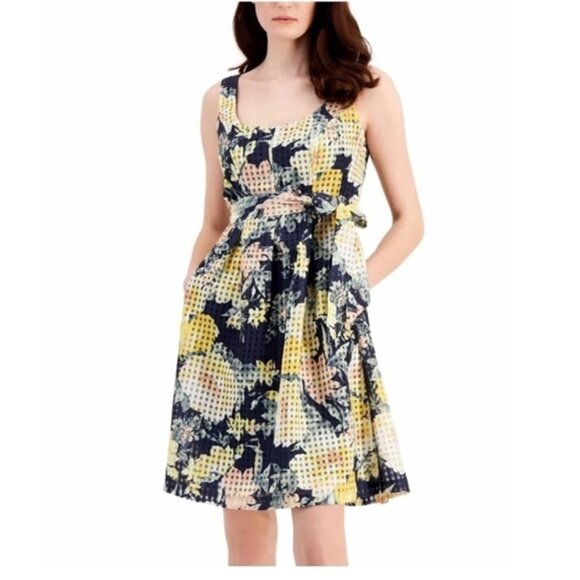 NWT Anne Klein navy floral belted check square fit and flare dress 8 UU10 - Picture 2 of 14